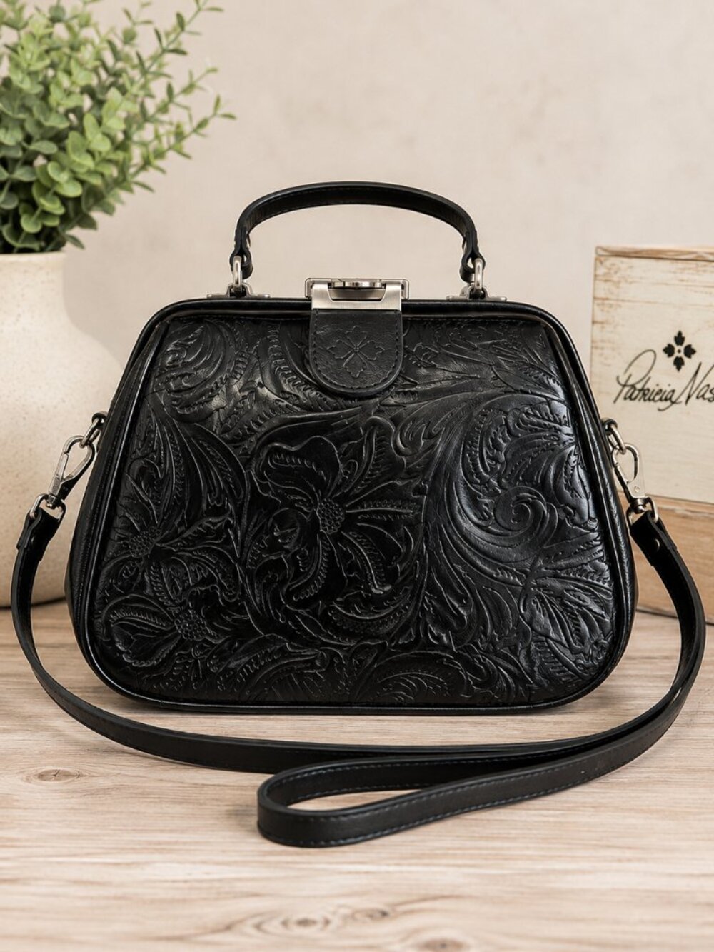 Patricia Nash Gracchi Satchel Black Floral Embossed Leather Crossbody P38407X